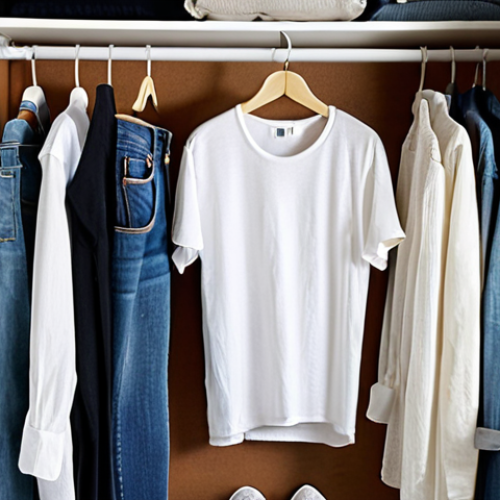 **Image Prompt:** A well-organized closet featuring classic and versatile clothing items like a white t-shirt, jeans, and a white button-down shirt. Focus on high-quality, natural fabrics.