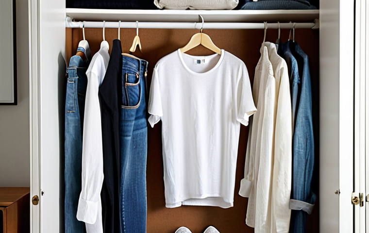 **Image Prompt:** A well-organized closet featuring classic and versatile clothing items like a white t-shirt, jeans, and a white button-down shirt. Focus on high-quality, natural fabrics.