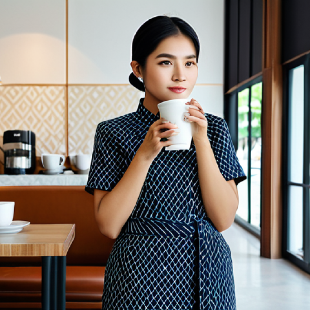 **
"A Thai woman in a contemporary Thai fabric outfit, fully clothed, modest clothing, standing in a modern, minimalist coffee shop, sipping coffee, appropriate attire, safe for work, perfect anatomy, natural proportions, professional photography, high quality, family-friendly."
**