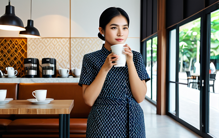 **
"A Thai woman in a contemporary Thai fabric outfit, fully clothed, modest clothing, standing in a modern, minimalist coffee shop, sipping coffee, appropriate attire, safe for work, perfect anatomy, natural proportions, professional photography, high quality, family-friendly."
**