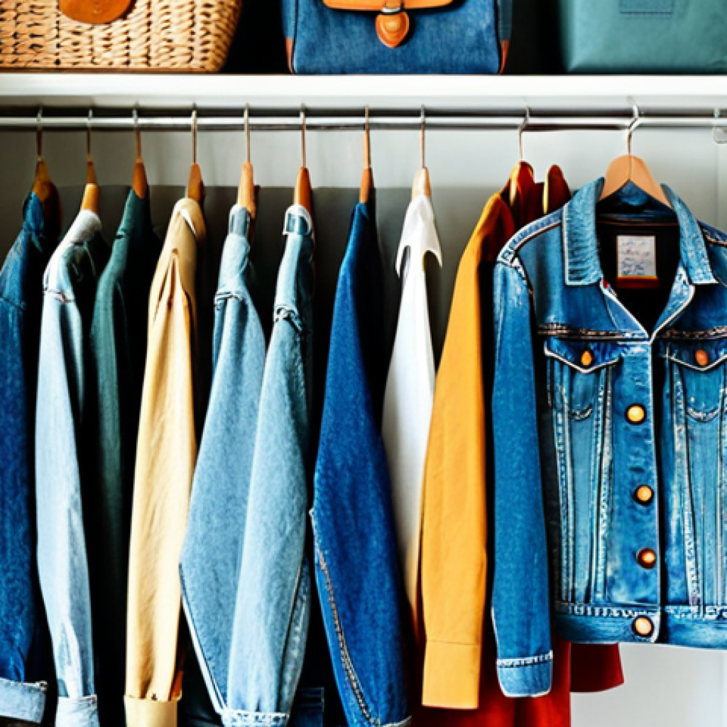 Closet Organization & Upcycling**
"A bright, airy closet with color-coordinated clothing. Some items are neatly folded on shelves, others hang on wooden hangers. A section of the closet features DIY projects: a denim tote bag made from old jeans, colorful patches being sewn onto a denim jacket. Focus on natural light and textures. Style: Upbeat and encouraging. Keywords: Sustainable fashion, closet organization, upcycling, DIY, eco-friendly, home decor."
**