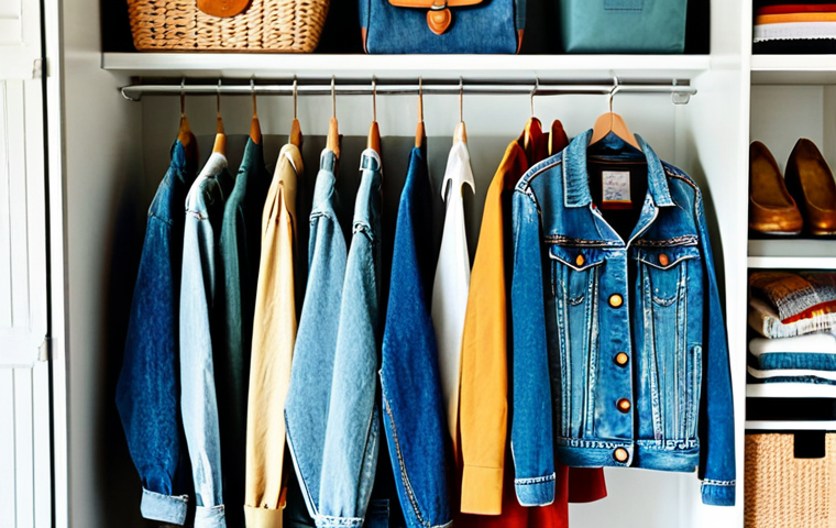 Closet Organization & Upcycling**
"A bright, airy closet with color-coordinated clothing. Some items are neatly folded on shelves, others hang on wooden hangers. A section of the closet features DIY projects: a denim tote bag made from old jeans, colorful patches being sewn onto a denim jacket. Focus on natural light and textures. Style: Upbeat and encouraging. Keywords: Sustainable fashion, closet organization, upcycling, DIY, eco-friendly, home decor."
**