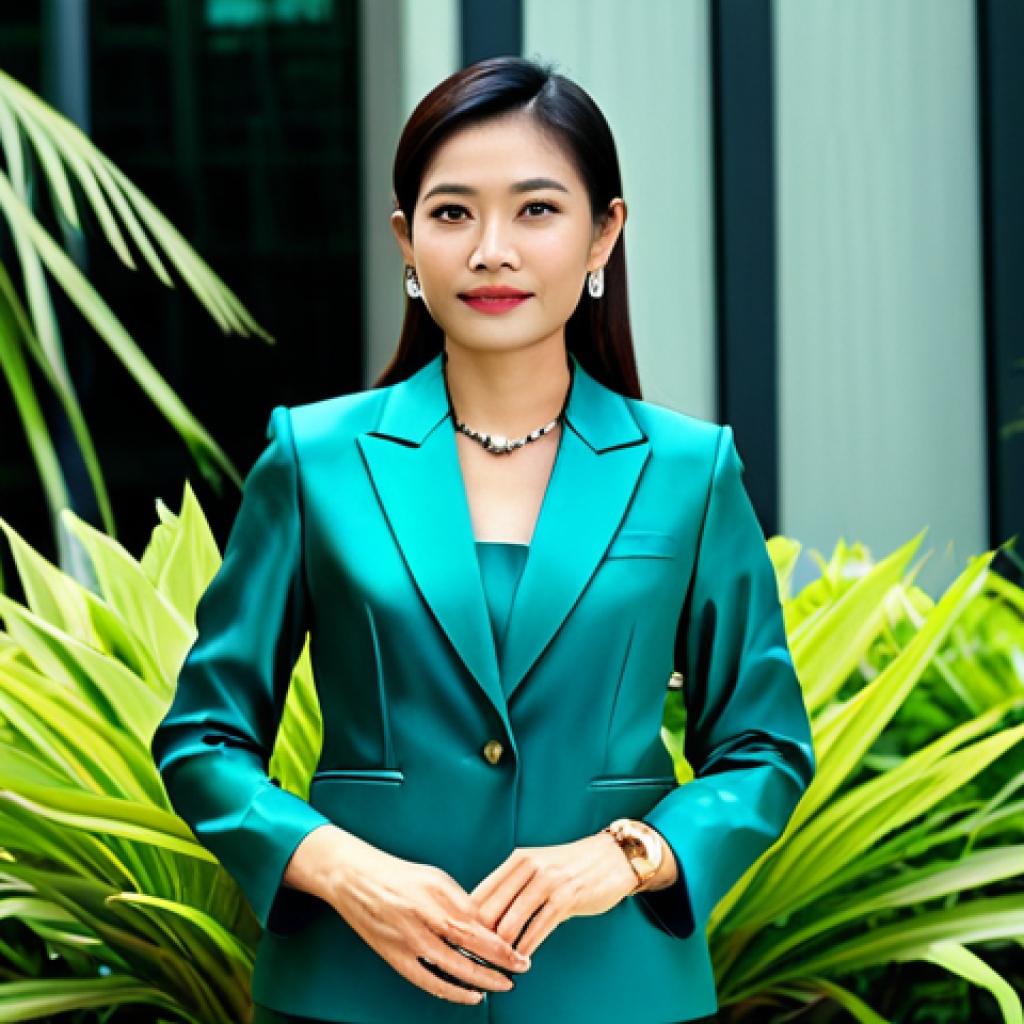 **Prompt:** A professional Thai businesswoman in a modest, tailored silk suit (perhaps in a rich jewel tone like sapphire or emerald), standing confidently in front of a modern Bangkok office building. Lush tropical plants are visible in the background. Perfect anatomy, correct proportions, well-formed hands, appropriate attire, safe for work, professional photography, high quality.