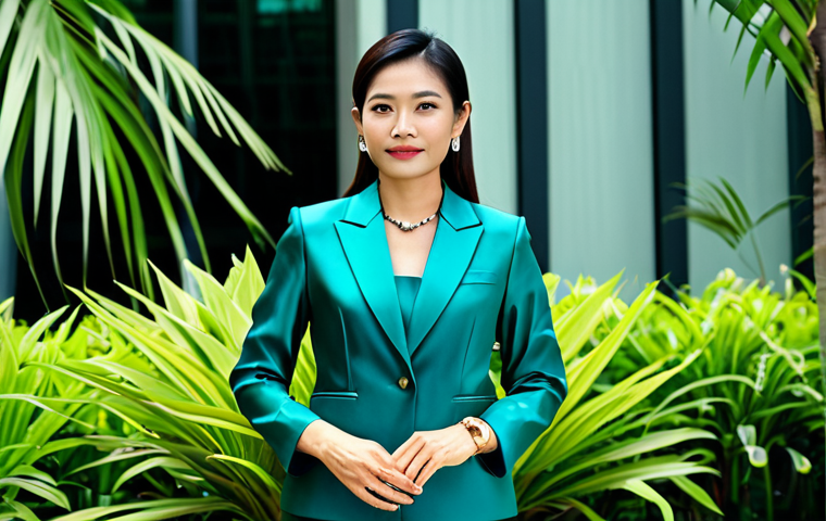 **Prompt:** A professional Thai businesswoman in a modest, tailored silk suit (perhaps in a rich jewel tone like sapphire or emerald), standing confidently in front of a modern Bangkok office building. Lush tropical plants are visible in the background. Perfect anatomy, correct proportions, well-formed hands, appropriate attire, safe for work, professional photography, high quality.