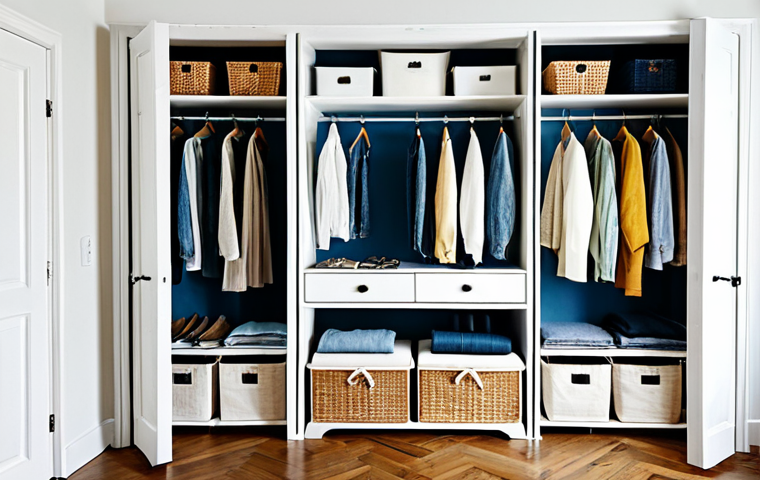 제로웨이스트 클로젯 만들기 위한 첫걸음 - **Prompt:** A bright and airy walk-in closet, organized by color and type of garment. Primarily feat...