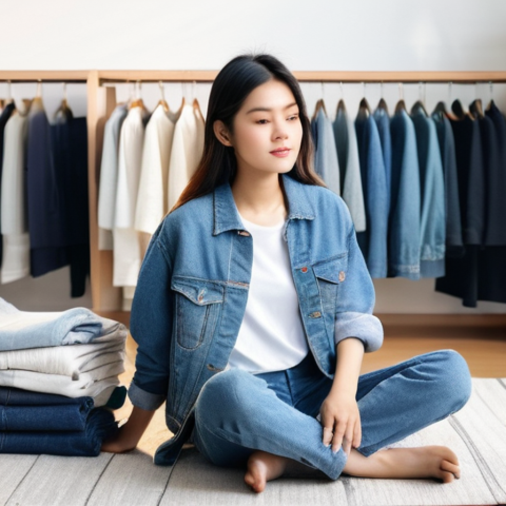 제로웨이스트 클로젯의 성장 추세 - **Prompt:** A young Thai woman, with a thoughtful expression, is sitting on a clean, light-colored r...