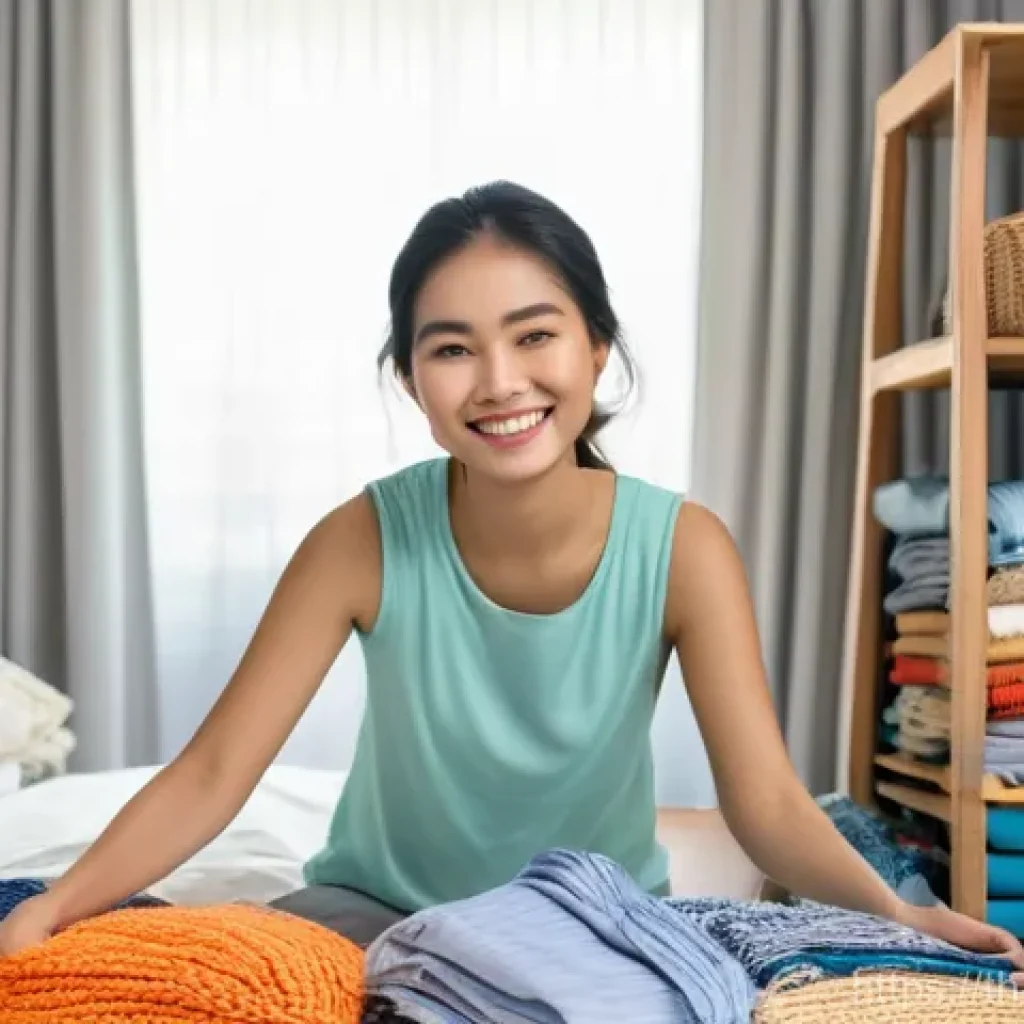 제로웨이스트 클로젯을 위한 디자인 혁신 - **Prompt: A young Thai woman joyfully decluttering her spacious, brightly lit bedroom, filled with n...