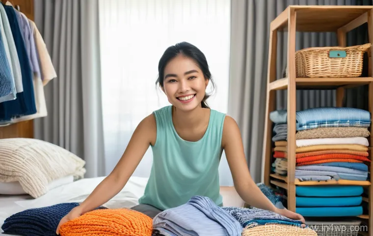 제로웨이스트 클로젯을 위한 디자인 혁신 - **Prompt: A young Thai woman joyfully decluttering her spacious, brightly lit bedroom, filled with n...