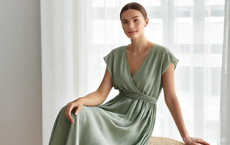제로웨이스트 클로젯을 위한 원단 선택 가이드 - **Prompt 1: Natural Comfort and Serenity**
"A serene and elegant woman in her late 20s to early ...