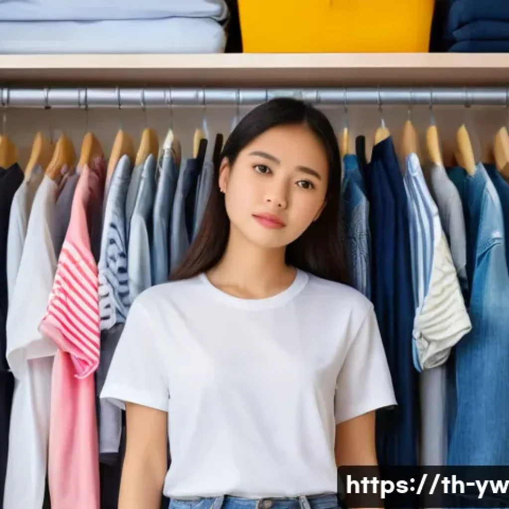 제로웨이스트 클로젯의 진화 과정 - A young Thai woman, dressed in a simple, modest outfit like a t-shirt and jeans, stands in front of ...