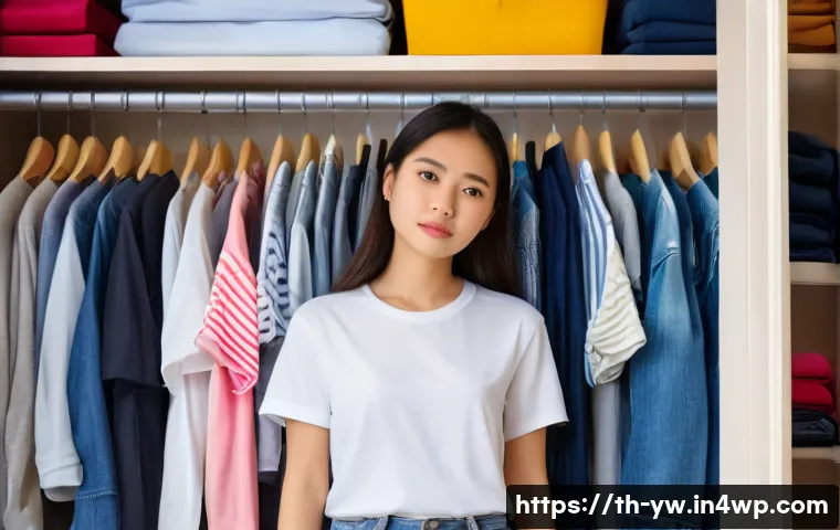 제로웨이스트 클로젯의 진화 과정 - A young Thai woman, dressed in a simple, modest outfit like a t-shirt and jeans, stands in front of ...