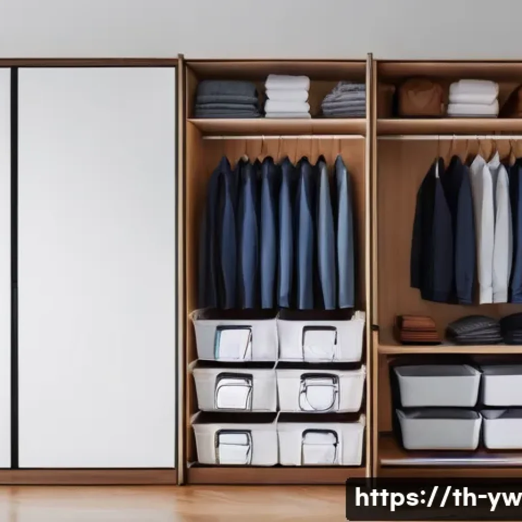 제로웨이스트 클로젯을 위한 주간 관리 계획 - A well-organized wardrobe scene featuring neatly folded and hung clothing sorted by type and occasio...