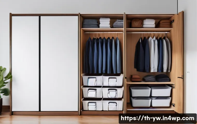 제로웨이스트 클로젯을 위한 주간 관리 계획 - A well-organized wardrobe scene featuring neatly folded and hung clothing sorted by type and occasio...