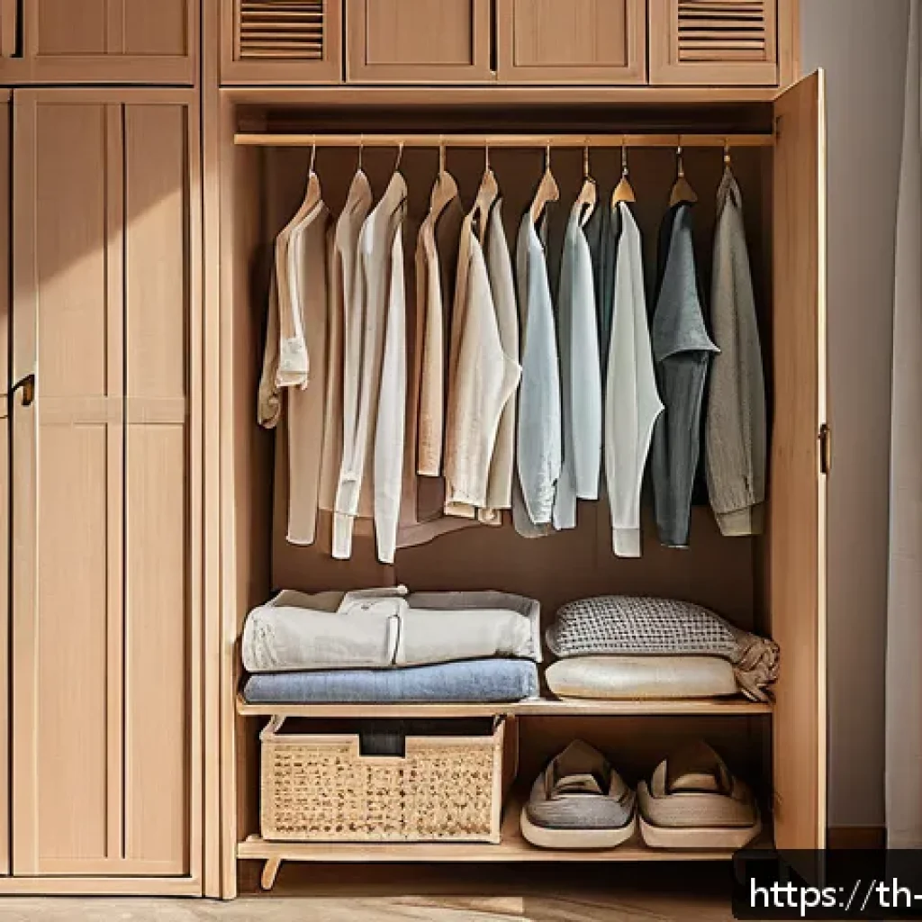 제로웨이스트 클로젯을 위한 모범 사례 - A cozy, sunlit Thai bedroom closet scene showcasing neatly organized sustainable clothing: natural f...
