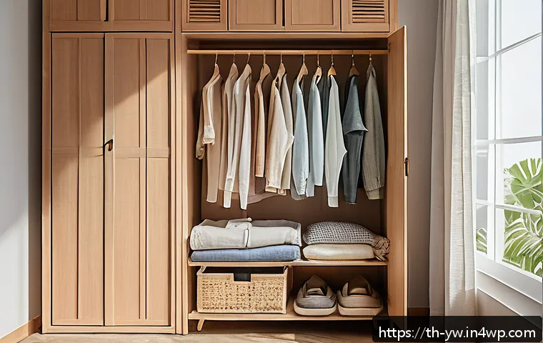제로웨이스트 클로젯을 위한 모범 사례 - A cozy, sunlit Thai bedroom closet scene showcasing neatly organized sustainable clothing: natural f...