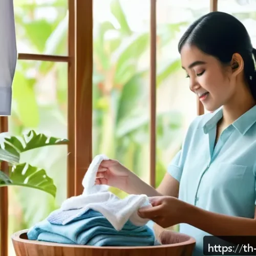 Home 33 제로웨이스트 클로젯 관리 시 주의해야 할 점 - A bright and cozy Thai home laundry scene showing a young woman carefully hand-washing a high-qualit...
