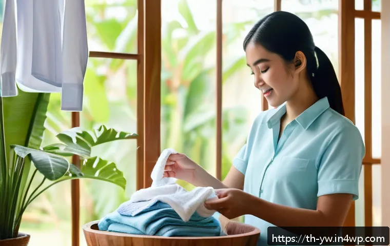 제로웨이스트 클로젯 관리 시 주의해야 할 점 - A bright and cozy Thai home laundry scene showing a young woman carefully hand-washing a high-qualit...