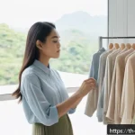 Home 20 제로웨이스트 클로젯을 위한 드레스 코드 - A stylish young Thai woman thoughtfully selecting high-quality, sustainable clothing in a well-organ...