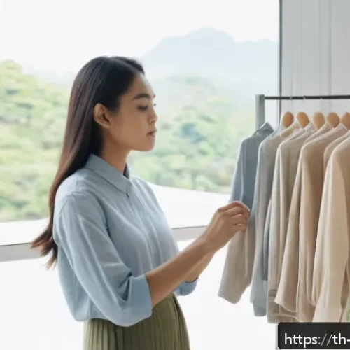 Home 32 제로웨이스트 클로젯을 위한 드레스 코드 - A stylish young Thai woman thoughtfully selecting high-quality, sustainable clothing in a well-organ...