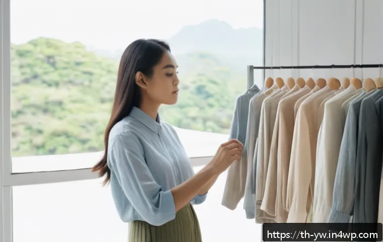 제로웨이스트 클로젯을 위한 드레스 코드 - A stylish young Thai woman thoughtfully selecting high-quality, sustainable clothing in a well-organ...