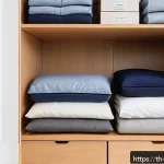 Home 19 다층적 제로웨이스트 클로젯 관리 전략 - A neatly organized multi-tier wardrobe featuring natural fabric storage boxes and breathable cloth b...