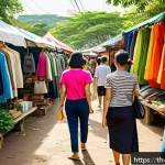 Home 18 옷의 기능을 고려한 제로웨이스트 관리 - A vibrant Thai outdoor market scene featuring eco-conscious shoppers browsing secondhand clothing st...