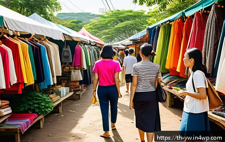 옷의 기능을 고려한 제로웨이스트 관리 - A vibrant Thai outdoor market scene featuring eco-conscious shoppers browsing secondhand clothing st...