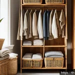 Home 23 옷장 정리에 필요한 제로웨이스트 도구 - A cozy, eco-friendly closet corner featuring natural rattan baskets and bamboo storage containers fi...
