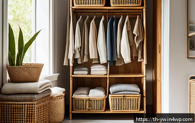 옷장 정리에 필요한 제로웨이스트 도구 - A cozy, eco-friendly closet corner featuring natural rattan baskets and bamboo storage containers fi...