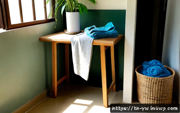 Home 17 자주 입는 옷을 위한 제로웨이스트 팁 - Photorealistic zero-waste clothing care scene in a bright Thai apartment laundry corner, neatly fold...
