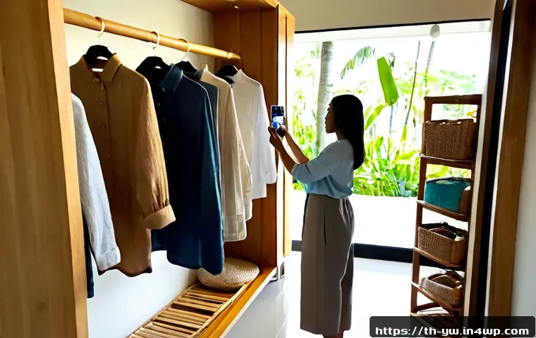 Home 29 제로웨이스트 클로젯을 위한 콘텐츠 제작 - Photorealistic Thai zero-waste closet content creation scene, a stylish Thai woman in modest linen c...